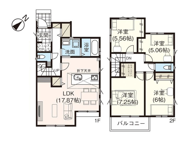 【間取り】 | 富士見市東みずほ台2丁目　新築一戸建住宅　全1棟　(志木本店) | エアコンの冷暖気が室がに逃げにくい独立型のLDK。
2Way動線の洗面所は家事・育児動線も良好です。