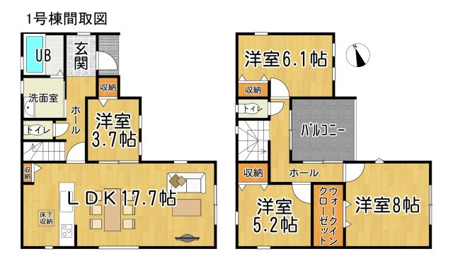 リーブルガーデン半田市成岩東町の間取り|○●間取り図●○
ウォークインクローゼット完備の４LDK。人気のインナーバルコニーは天候の影響を受けにくく、プライバシーを守り、多目的に利用できます。1階2階それぞれにトイレがあります。