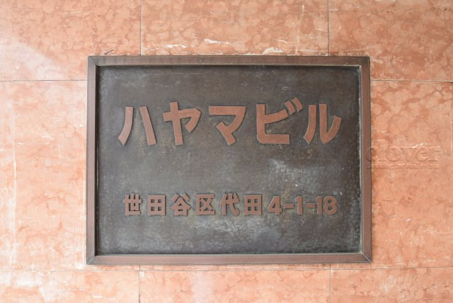 【現況写真】 | ハヤマビル | エントランスに掲げられた、マンション名を示す館銘板。さほど激しく主張はしませんが、しっかりと掲示されています。～即日のご見学可能～　お問合せはお気軽にどうぞ。