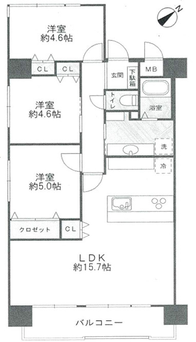 パルハイツ呉中央5丁目の間取り|4ＬＤＫを３ＬＤＫに間取り変更、ＬＤＫは約15.7帖の広さです。