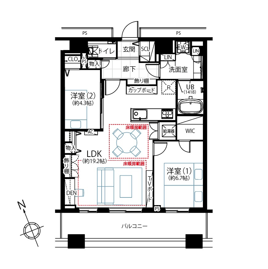 勝どきザ・タワーの間取り|勝どきザ・タワー：南西向き！全居室収納付き２ＬＤＫ床暖房・エアコン付きリノベーション物件は住設備も充実！