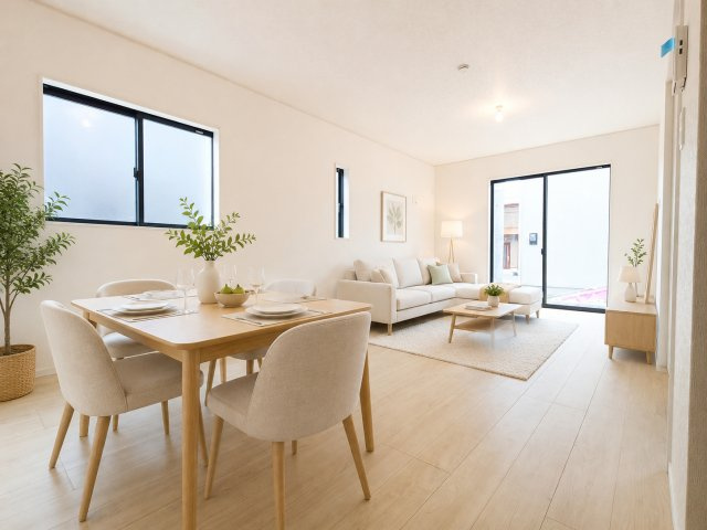八潮市　南川崎　新築戸建　全11棟の居間・リビング|ゆったりとしたリビングです※家具をCGで加工しており、家具付き販売ではございません。