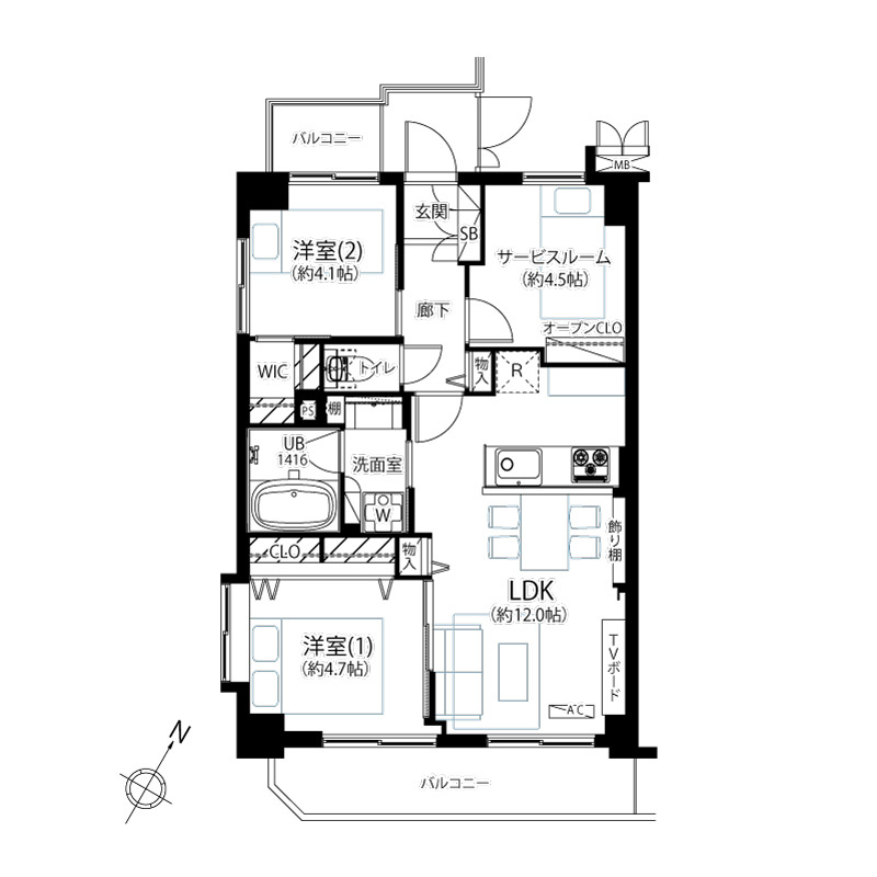 ニューキャピタル押上の間取り|ニューキャピタル押上：南東向き角部屋につき陽当り・通風良好！全居室収納・窓が付いた２ＳＬＤＫ家具・エアコン付きリノベーション物件は居室としても使えるサービスルーム付き！
