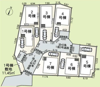 【区画図】 | 藤沢市城南2丁目  1号棟 第6 | 1号棟　南東側約4.5ｍ公道　駐車1台（ビルトインガレージ・車種によります）　敷地面積34.3坪（建築確認申請除外面積含）