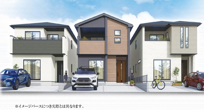 【外観パース】 | 【新築分譲住宅～GRAFARE～】山形市印役町　2期　全2棟 | 全棟、幅6メートルの広い道路に面しており、ストレス少なく出入りできます。