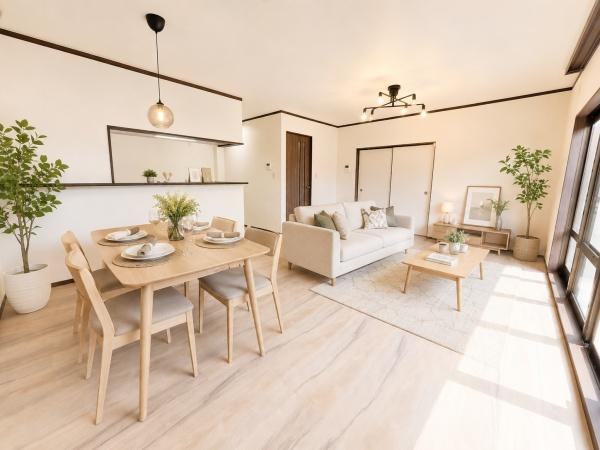 横浜市港南区下永谷２丁目の中古一戸建の居間・リビング|自慢したくなるリビング！
形も良く家具の配置にも困りません。
※家具等はディスプレイであり、販売価格に家具は含まれておりません