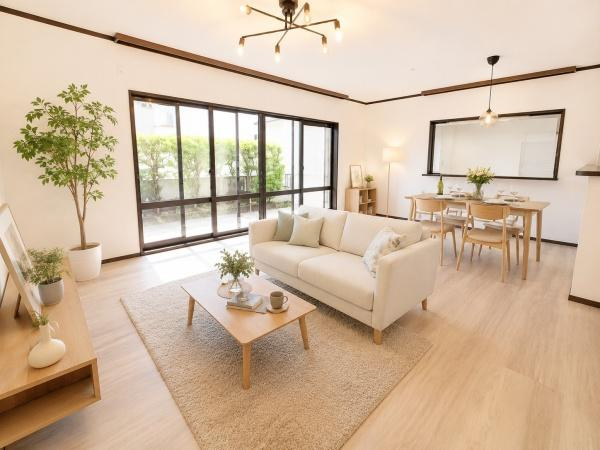 横浜市港南区下永谷２丁目の中古一戸建の居間・リビング|窓からは明るい光が差し込みます！
自然と家族が集まる空間です♪
※家具等はディスプレイであり、販売価格に家具は含まれておりません

