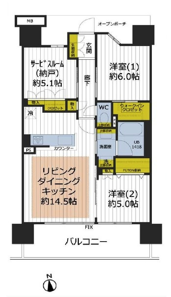 イニシア所沢の間取り|12階建て6階部分、南向きにつき陽当たり・通風良好の2SLDK！