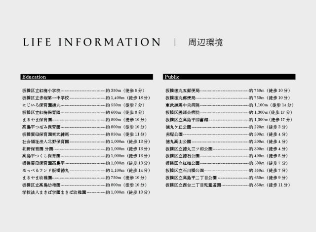 【周辺】 | トラストステージ×カラーズ And PLUS 板橋区徳丸6丁目1期 | 【ライフインフォメーション②】
保育施設・こども園や児童福祉施設・公園や自然が豊かで通いやすく、子育てにもおすすめの住環境です。