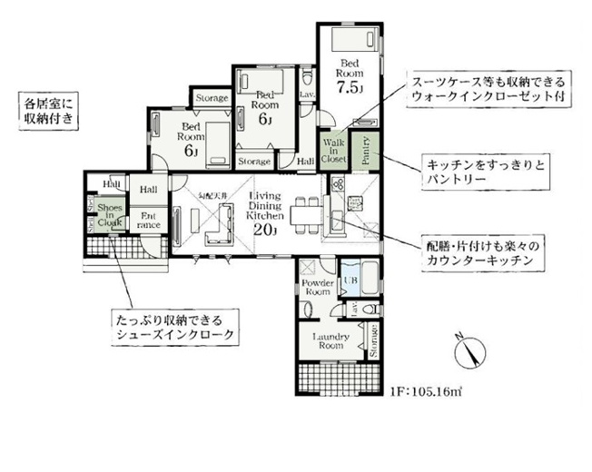 【間取り】 | Livele Garden.S熊谷市肥塚第3　【平屋】新築住宅 | ≪1号棟≫各居室に収納ー収納充実の間取りプラン■LDK広々20帖