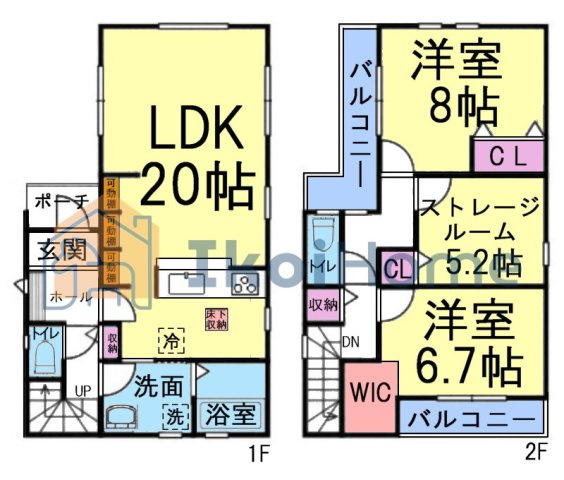 明石市藤が丘1丁目　4期　新築戸建の間取り|●年中無休：当日予約可●LDK20帖で広々しております！2階は洋室3部屋ございます！収納も豊富！