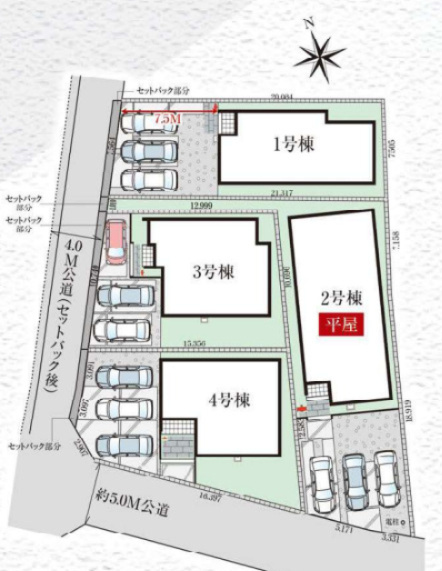 GRAFARE高崎市石原町3期の区画図|全区画で複数台の駐車スペースを確保！人気の平屋プラン（2号棟）を含む、ゆとりある新築分譲分譲地です。