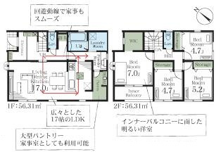 白岡彦兵衛第2　新築一戸建て　01　リーブルガーデンの間取り|行き止まりのない回遊動線で家事効率もアップ♪