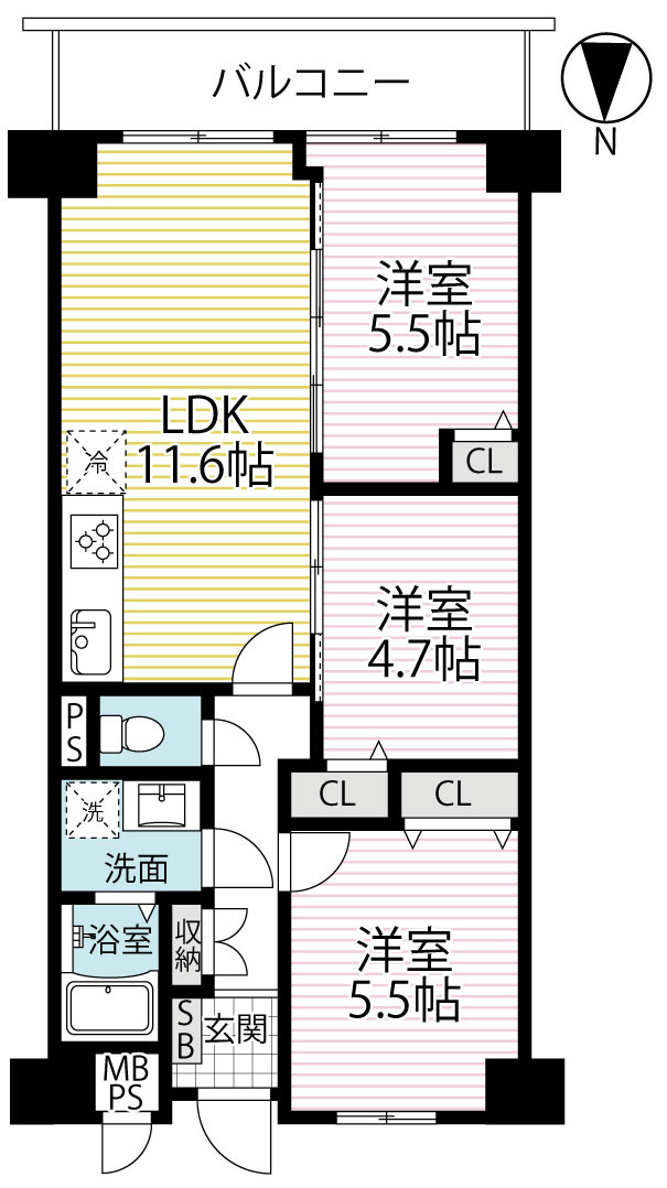 ◆令和８年５月リフォーム完了◆京阪伏見桃山駅徒歩３分◆三方角住戸◆藤和ライブタウン伏見桃山の間取り