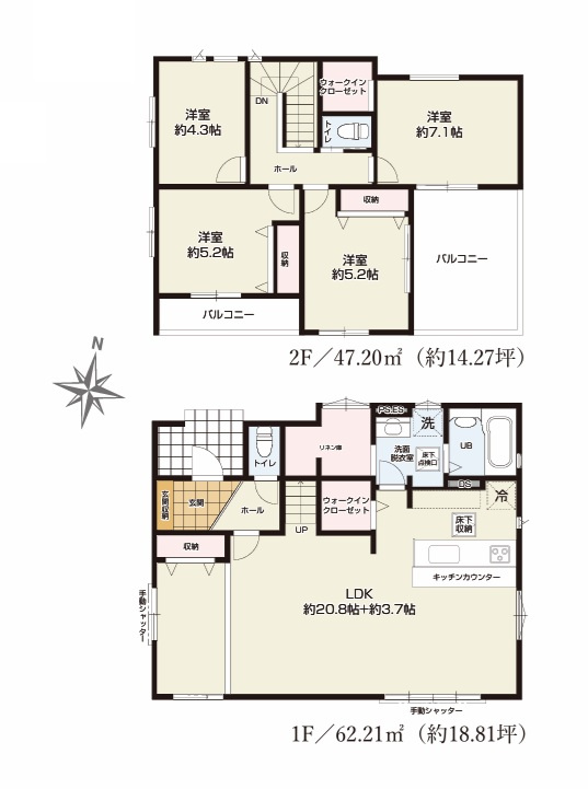 TERRACE　日立市諏訪町　1期 　2の間取り|　
☆広々LDKは明るく開放的。家族の気配が感じられて安心できるリビング階段です。全室明るい二面採光、通風も良好！リネン庫、WICなど収納スペースも充実です。