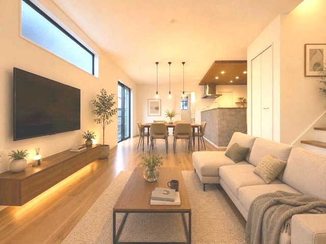 【居間・リビング】 | 福岡市城南区東油山1丁目1期　1号棟（全2棟）【仲介手数料無料・0円】 | 現地写真。家具・家電等はCGによる配置例です。物件には含まれません