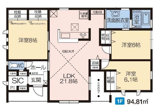 新築　渋川市半田第8　1号棟の間取り|建物面積94.81㎡　広々21.8帖のLDK・全居室6帖以上の平屋のお家！シューズインクロークで玄関スッキリ・各部屋収納付きで便利です！天井吊物干つきなのでお洗濯物も大丈夫です！　