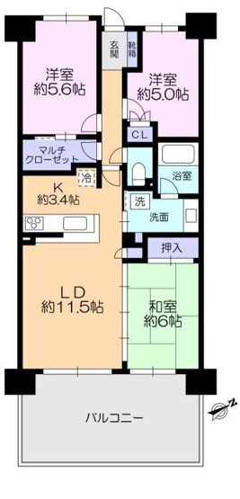 【間取り】 | グレイシャスヒルズ多摩境 | 3LDKは、リビングダイニングキッチンと3つの居室がある間取り。ファミリー層に非常に人気の高い間取りで、広々としたリビングで家族団らんを楽しみ、個室でプライベートな時間も確保できるのが大きな魅力です。