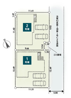 【区画図】 | 秦野市三屋  2号棟 第1 | 2号棟　南東側約5.0ｍ公道　駐車並列2台（車種によります）　敷地面積41.6坪