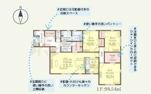 第2八千代町菅谷　新築戸建て　1号棟の間取り|3LDK＋WIC＋パントリー、土地面積247.00ｍ2、建物面積98.54m2