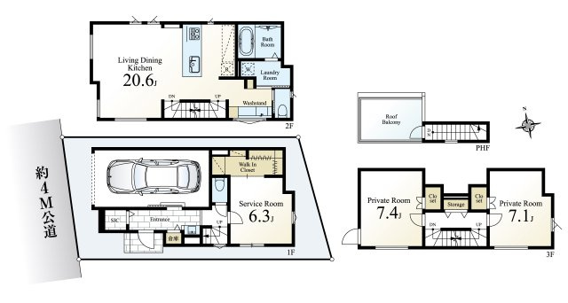 中野区新井1丁目 全2棟 A号棟の間取り|建物面積125.57㎡(建物面積に車庫部分17.30㎡含)
LDKは20.6帖の開放感
リビング+水回りを配した生活しやすい間取りです