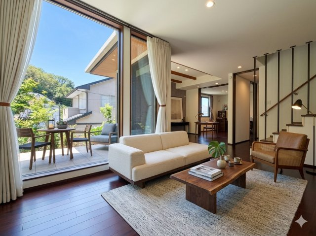 戸塚区下倉田町　中古戸建て　第2の居間・リビング|◆家族で食卓を囲むダイニングスペースと、ソファでゆったりくつろぐリビングスペースがしっかり区切られているので家具の配置や用途を使いわけしやすいです。（家具はイメージです）