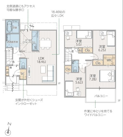 上菅田町｜47～49坪×南北両面道路の開放感。駐車4～5台×18帖台LDKのゆとりある暮らし★仲介手数料無料★の間取り|約18.4帖の広々LDKに加え、玄関SICや各居室収納でスッキリ暮らせる設計。2階は4部屋確保しながらWICも配置。ファミリー層にフィットするバランスの良い間取です。
