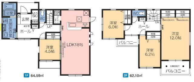新築　前橋市粕川町女渕第1　1号棟の間取り|建物面積126.69㎡　広々18帖のLDK・全居室南向き♪シューズインクローク・パントリー・各部屋収納付き！ゆったり12帖の主寝室！日当たりの良いバルコニーはお洗濯物もよく乾きそうです
						
