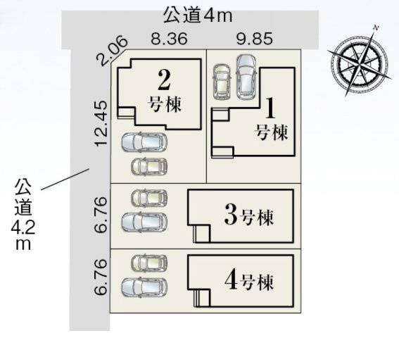 静岡市葵区瀬名中央4丁目　全4棟の区画図