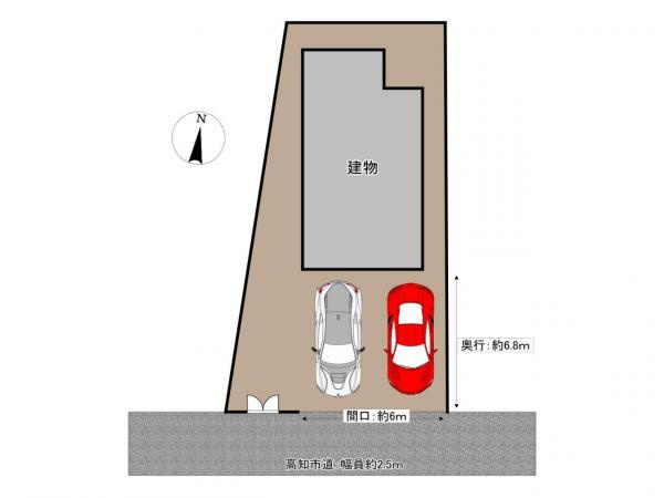 【自然豊かな住まい】高知市仁井田　中古一戸建ての区画図|普通車2台並列駐車可能！前面道路はやや狭めですが、間口が約6mと広いためスムーズに駐車可能です。