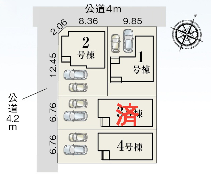 静岡市葵区瀬名中央4丁目　全4棟の区画図