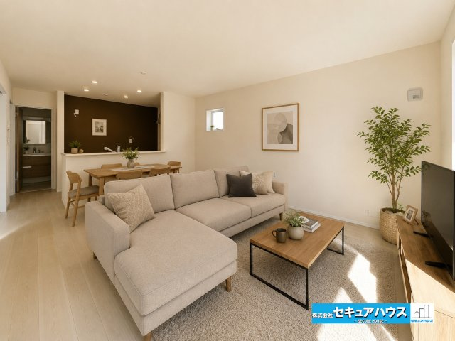 【本日ご案内可能】刈谷市井ケ谷町井田　全4棟の居間・リビング|【LDKに家具を配置したイメージ図】
◆広々としたリビングのため大きなソファやテレビを置くことができます。
◆シンプルなデザインのリビングのため好きなテイストの家具を選ぶことができます。　　　　　　　