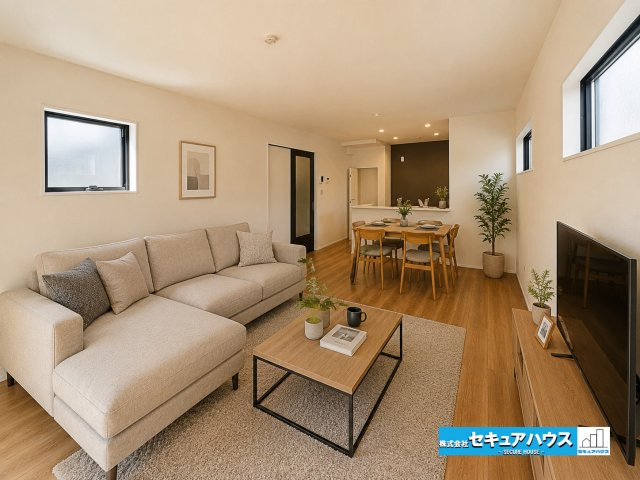 【本日ご案内可能】刈谷市井ケ谷町井田　全4棟の居間・リビング|【リビングに家具を配置したイメージ写真】
◆シンプルなデザインのリビングのため好きなテイストの空間をつくりやすいです。
◆16.7帖リビングにはダイニングテーブルや大きなソファを置くことも可能♪　　　