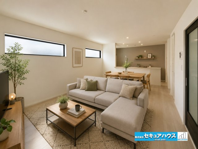 【本日ご案内可能】刈谷市井ケ谷町井田　全4棟の居間・リビング|【LDKに家具を配置したイメージ図】
◆広々としたリビングのため大きなソファやテレビを置くことができます。
◆シンプルなデザインのリビングのため好きなテイストの家具を選ぶことができます。　　　　　　　
