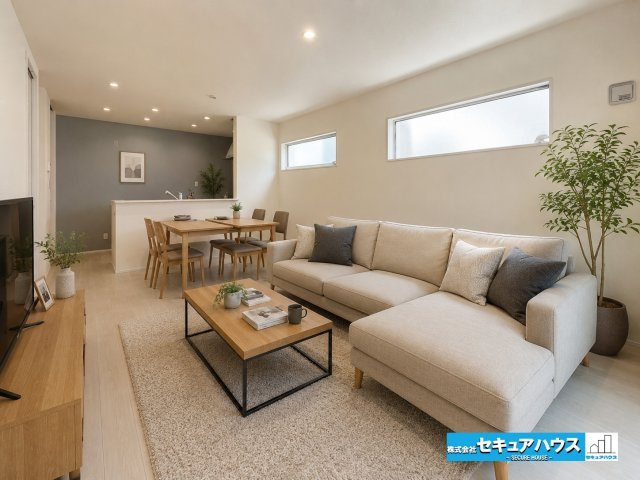 【本日ご案内可能】刈谷市井ケ谷町井田　全4棟の居間・リビング|【リビングに家具を配置したイメージ写真】
◆シンプルなデザインのリビングのため好きなテイストの空間をつくりやすいです。
◆17.2帖リビングにはダイニングテーブルや大きなソファを置くことも可能♪　　　