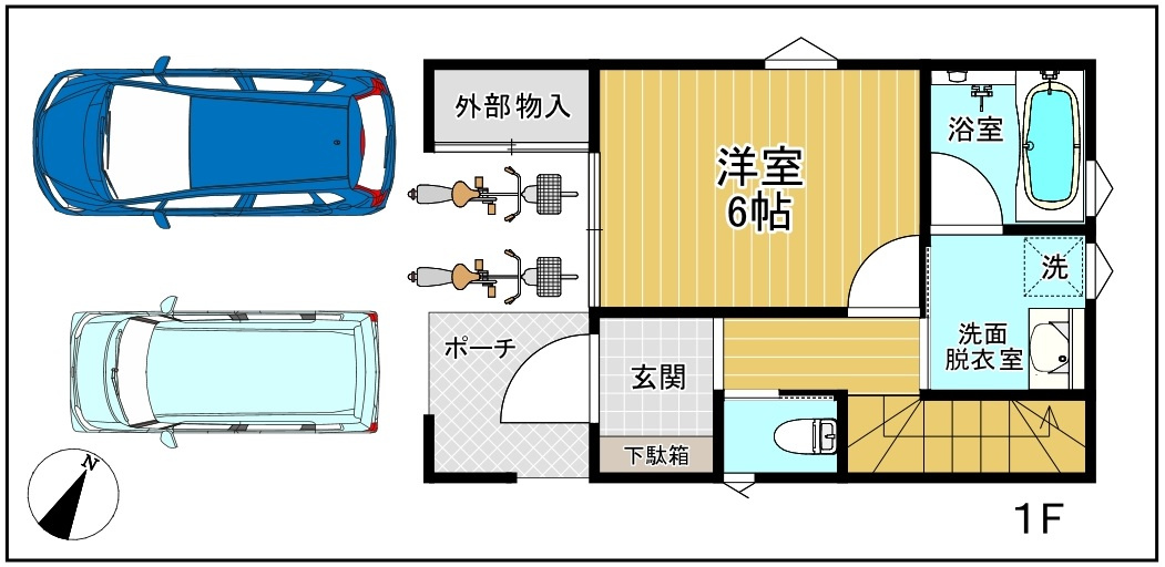 蒲生本町未入居住宅の間取り|カースペース並列2台可（車種による）。自転車の濡れずに駐輪できます♪
