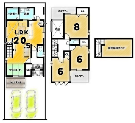 御陵大津畑町の間取り|【土地5380万円　建物2100万円】
建築確認申請費用120万円・外構費用110万円・水道負担金22万円（税込）別途要
解体費用・ウッドデッキ費用別途要
