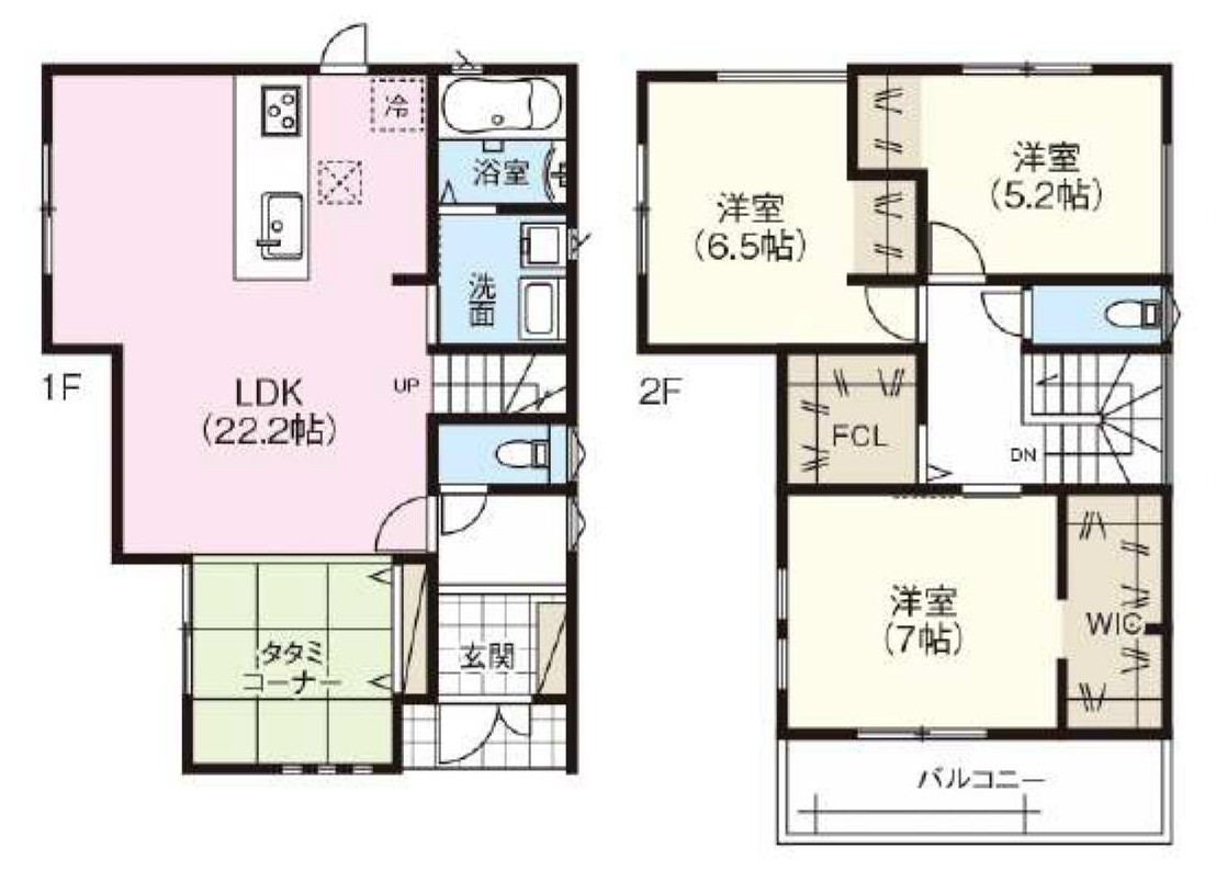 東海市荒尾町奥曽山1番51『仲介手数料無料』新築一戸建て・建売の間取り|　1号棟　1F:LDK22.2帖に隣接する畳コーナー　CL設置！リビングイン階段♪2F:洋室7帖　WIC設置！洋室6.5帖・洋室5.2帖　CL設置♪ファミリークローゼット設置♪南面バルコニー♪