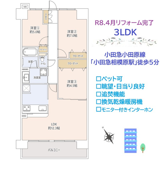 【間取り】 | ＼＼R8.4月リフォーム完了し水廻り、内装が新しくなりました／／　
14階建4階部分のペットと暮らせる3LDKです！