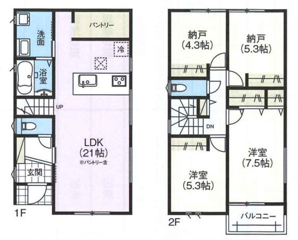 東海市加木屋町唐畑65番5『仲介手数料無料』新築一戸建て・建売の間取り|　1号棟　1F:LDK21帖！パントリー♪ゆとりの洗面室♪リビングイン階段！2F:洋室7.5帖・洋室5.3帖・納戸5.3帖・納戸4.3帖　CL設置♪南面バルコニー♪