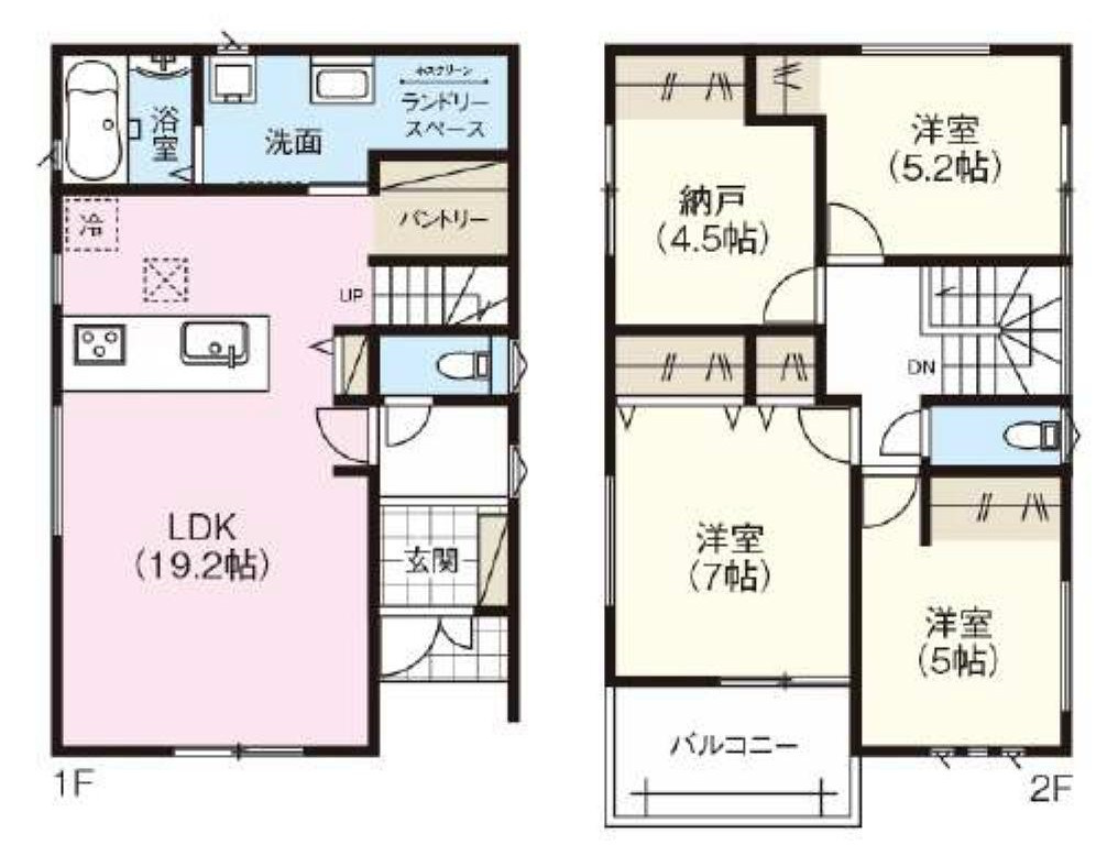 東海市荒尾町奥曽山1番51『仲介手数料無料』新築一戸建て・建売の間取り|　2号棟　1F:LDK19.2帖！パントリー♪ダイニング収納♪ランドリースペース♪リビングイン階段♪2F:洋室7帖・洋室5.2帖・洋室5帖・納戸4.5帖　CL設置♪南面バルコニー♪