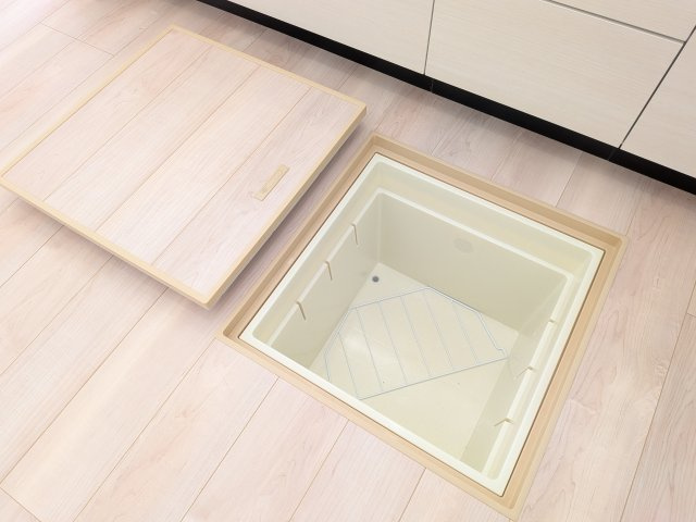 那珂市瓜連　第14　新築戸建て　6号棟のキッチン|キッチン周りのストック品収納に便利な床下収納。
かさばる飲料水や調味料をまとめてストックでき、キッチンがスッキリ片付きます。