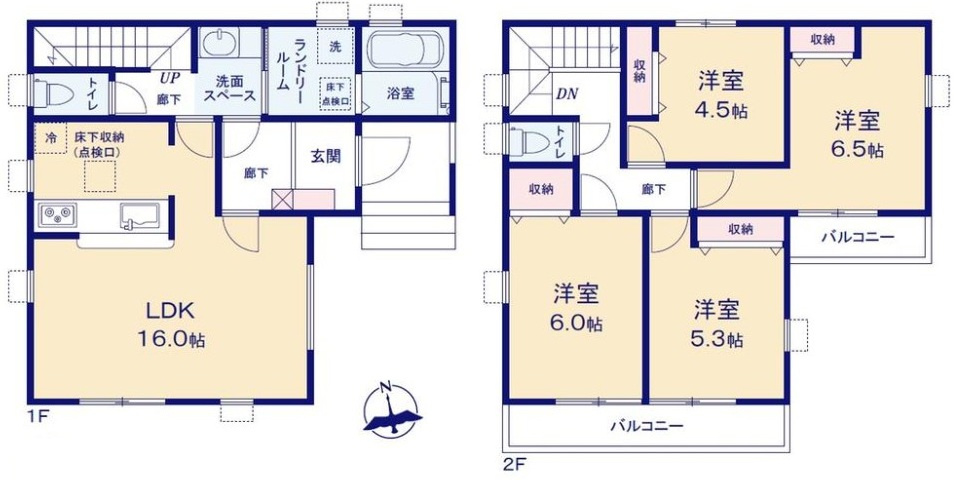 三郷市早稲田5丁目　新築戸建　全2棟　1号棟の間取り|個室をしっかり確保できる、2階4部屋プランの4LDK