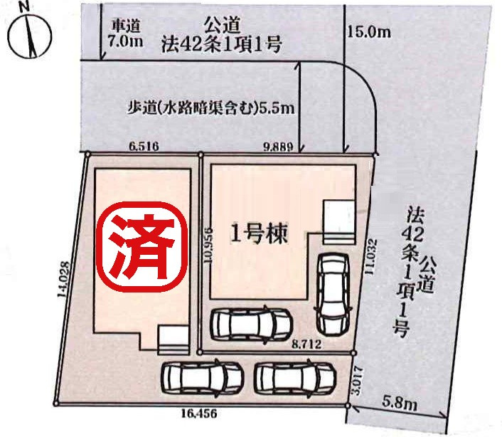 三郷市早稲田5丁目　新築戸建　全2棟　1号棟の区画図|カースペース2台分確保