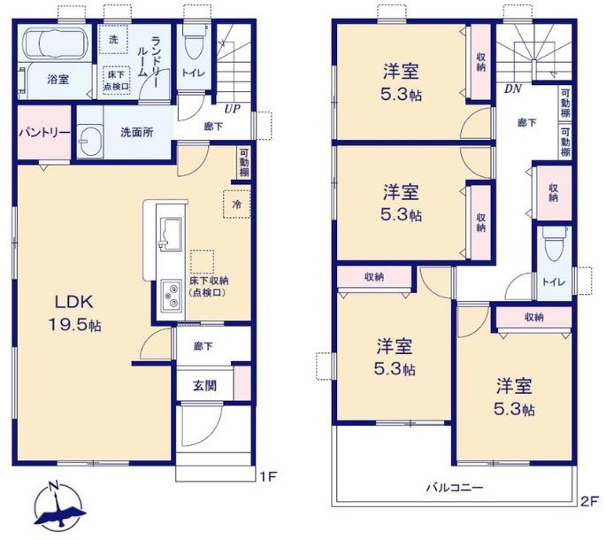 三郷市早稲田5丁目　新築戸建　全2棟　2号棟の間取り|個室をしっかり確保できる、2階4部屋プランの4LDK