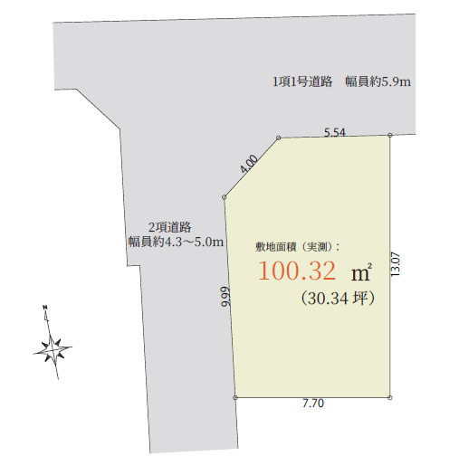 中野区上鷺宮5丁目　北西角地×建築条件なし　限定1区画の土地図|北5.9ｍ×西4.3ｍの開放的な角地♪限定1区画の誕生です♪