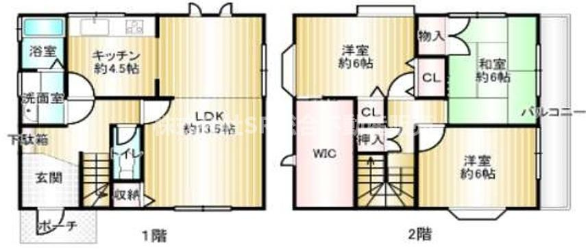 喜里川町中古戸建の間取り|1Fに水回りが集中している使いやすい間取りで、2Fは振分タイプになっており個々のプライバシーが確保されます。