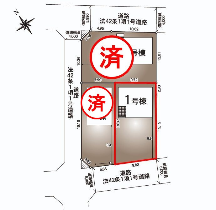 岩瀬郡鏡石町境第５　　　１号棟　　　鏡石第１小学校、鏡石中学区の区画図