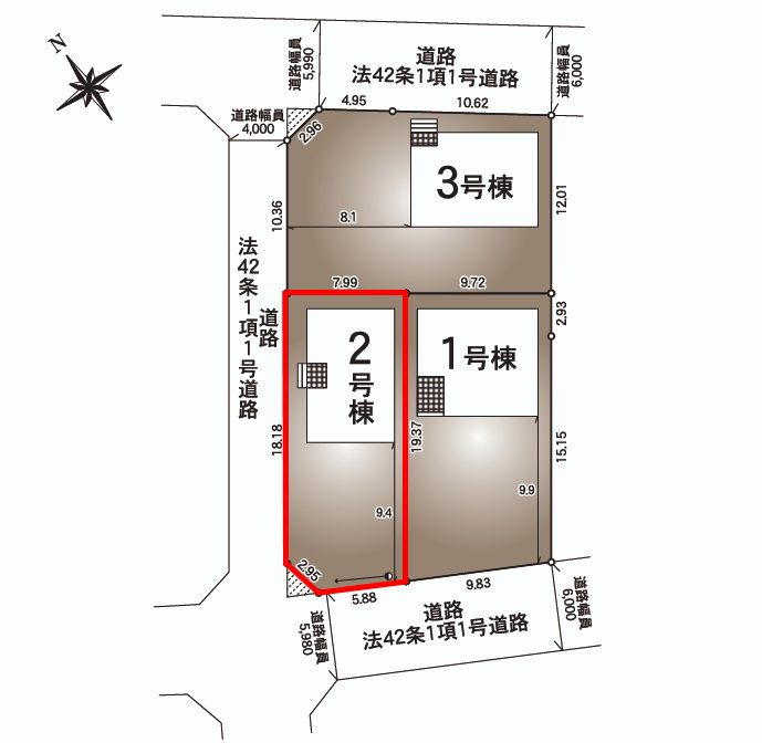 岩瀬郡鏡石町境第５　　　２号棟　　　鏡石第１小学校、鏡石中学区の区画図