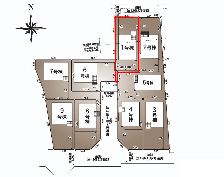 郡山市大槻町字林ノ東　　　１号棟　　　開成小学校、郡山第１中学区の区画図